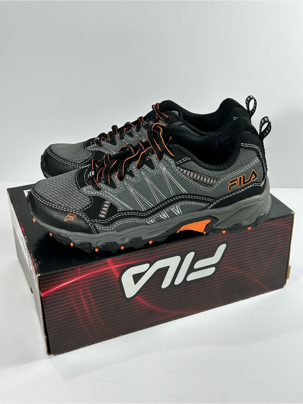 Fila Shoes For Boys AT Peake 21 SNEAKERS Sz 4.5 Black Grey Orange Athletic Shoes